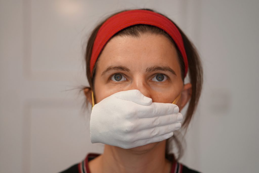 “Hand Mask” by Anna Vasof (born 1985), Ceramic and elastic bands, Vienna, Austria, March 2020 © House of European History, Brussels, Belgium